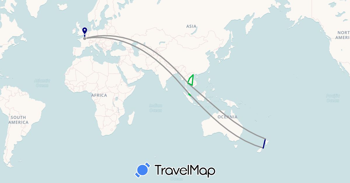TravelMap itinerary: driving, bus, plane in France, Cambodia, Laos, Malaysia, New Zealand, Singapore, Thailand, Vietnam (Asia, Europe, Oceania)
